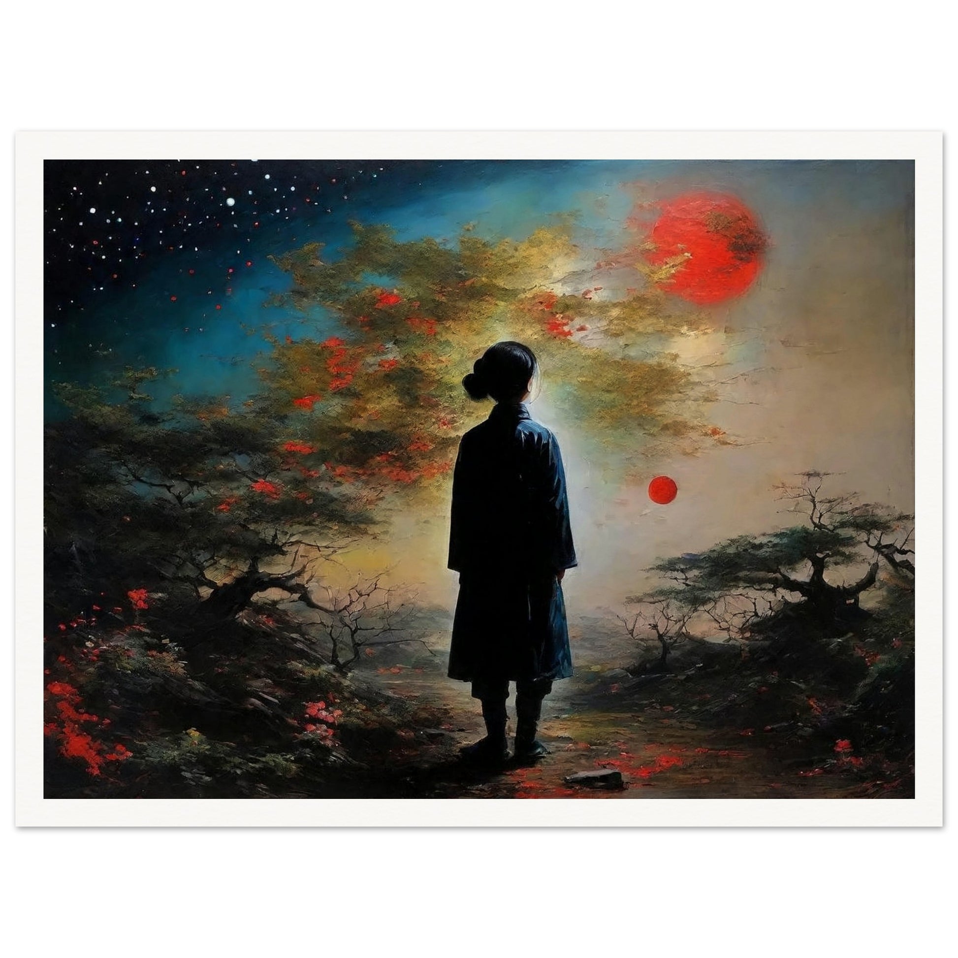 A silhouette of a person stands in a mysterious twilight scene, looking towards a vivid sky with red suns and darkened foliage