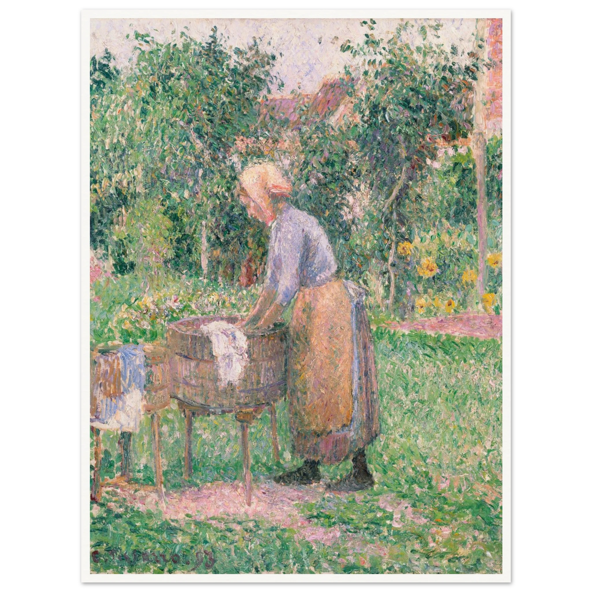 A Pointillist painting of a washerwoman hard at work, scrubbing linens and clothing in one barrel and rinsing them in another. 