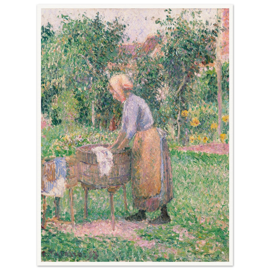 A Pointillist painting of a washerwoman hard at work, scrubbing linens and clothing in one barrel and rinsing them in another. 