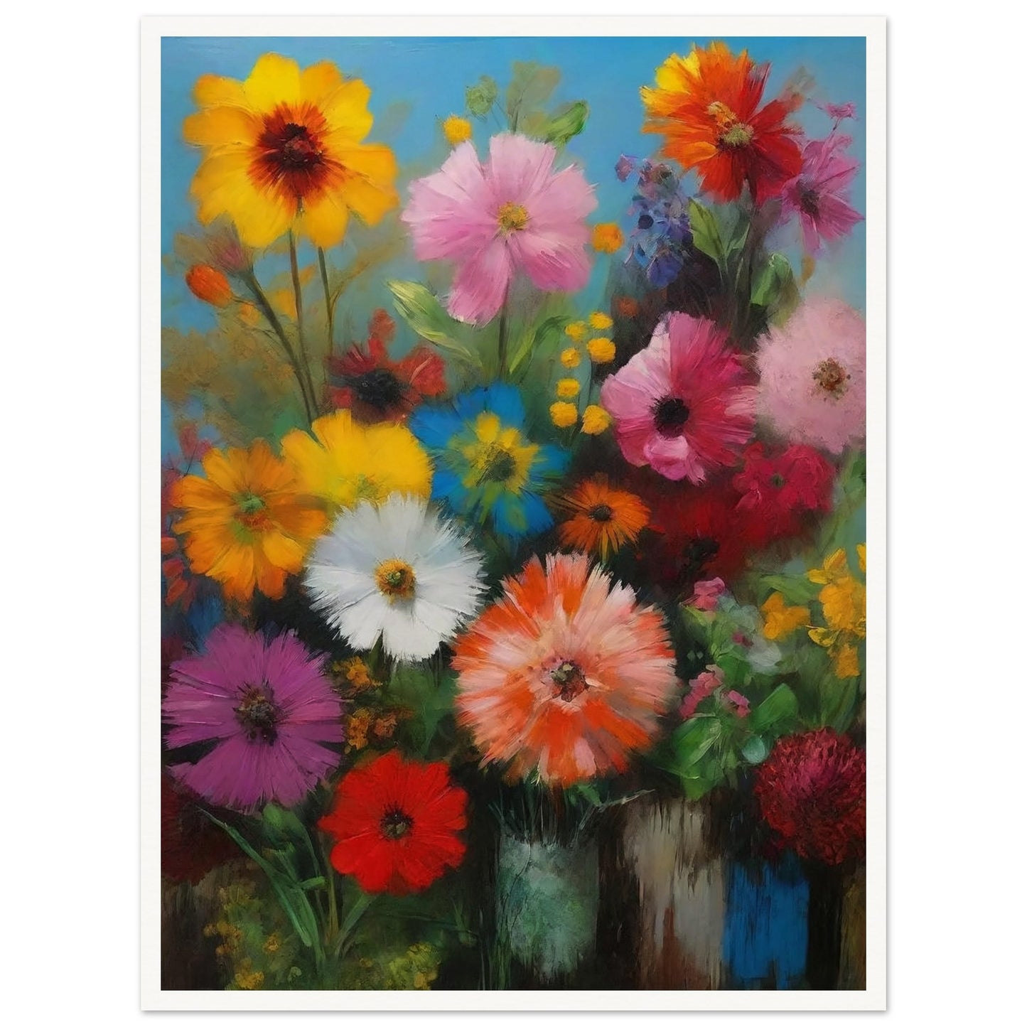 A colorful bouquet of various flowers in full bloom set against a bright blue background, showcasing a mix of vibrant hues.