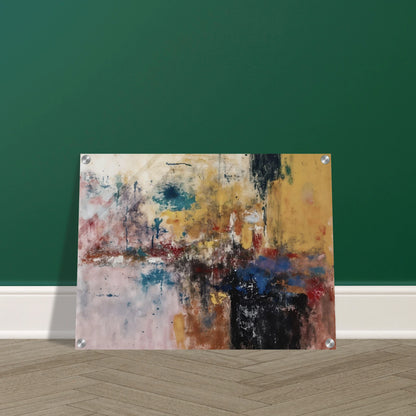 Layered ochre, teal, black, and red marks create a weathered textured composition.