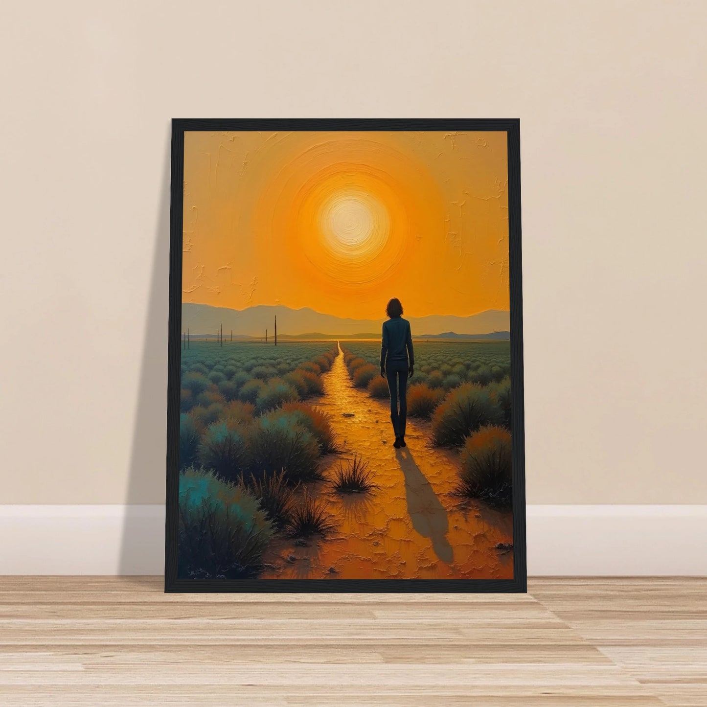 A lone figure walks down a glowing desert path under a vast golden sun, casting a long shadow in the warm, textured landscape.