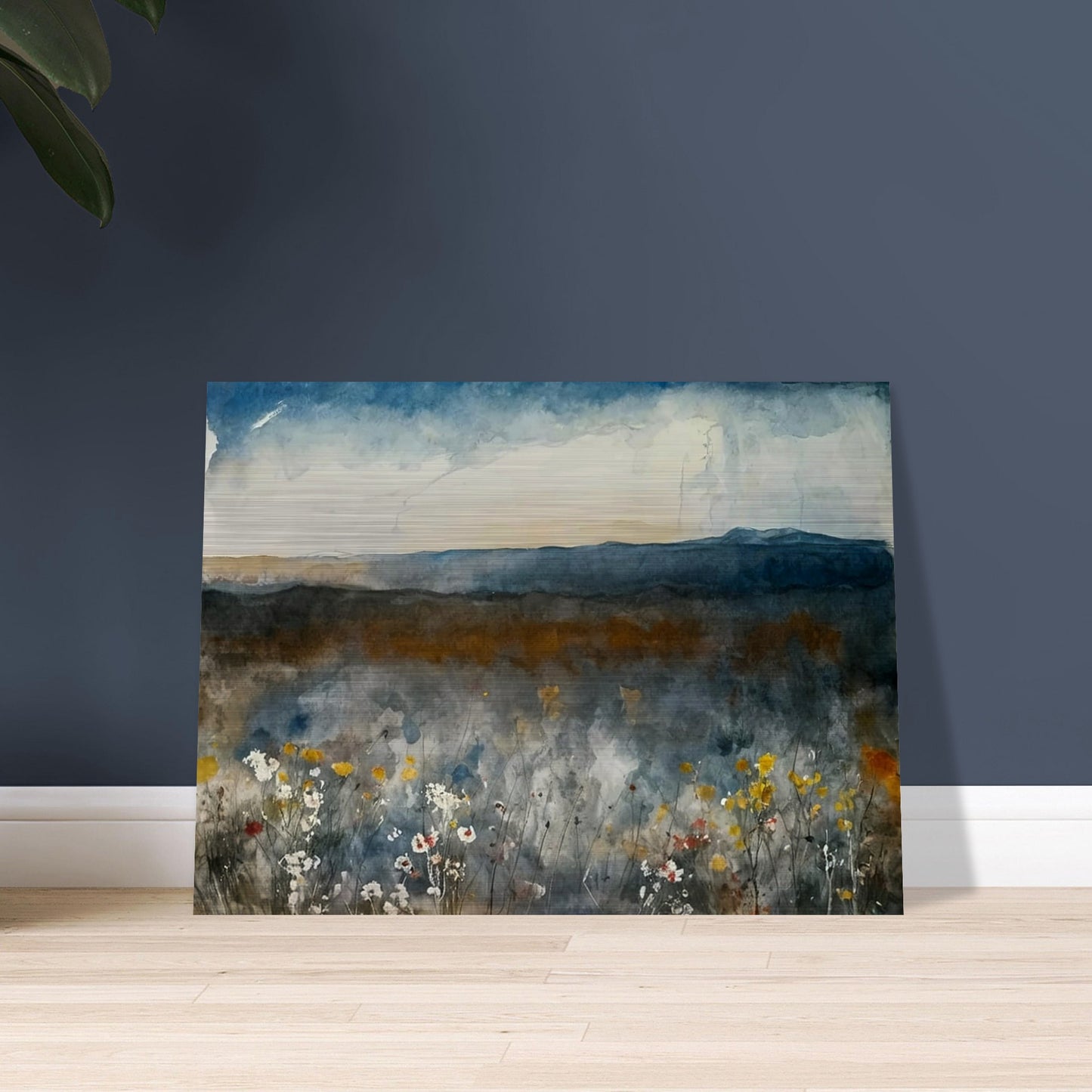 A painting of a misty meadow with wildflowers in the foreground and distant mountains under a cloudy sky.