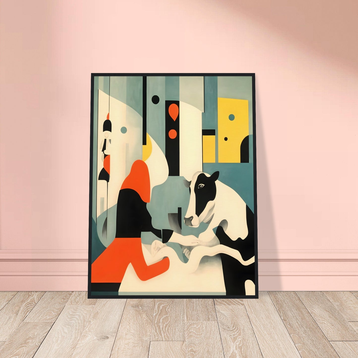 An abstract painting featuring a black-and-white cow interacting with a figure in a bold red and black outfit, set against a geometric background in shades of teal, yellow, and cream.