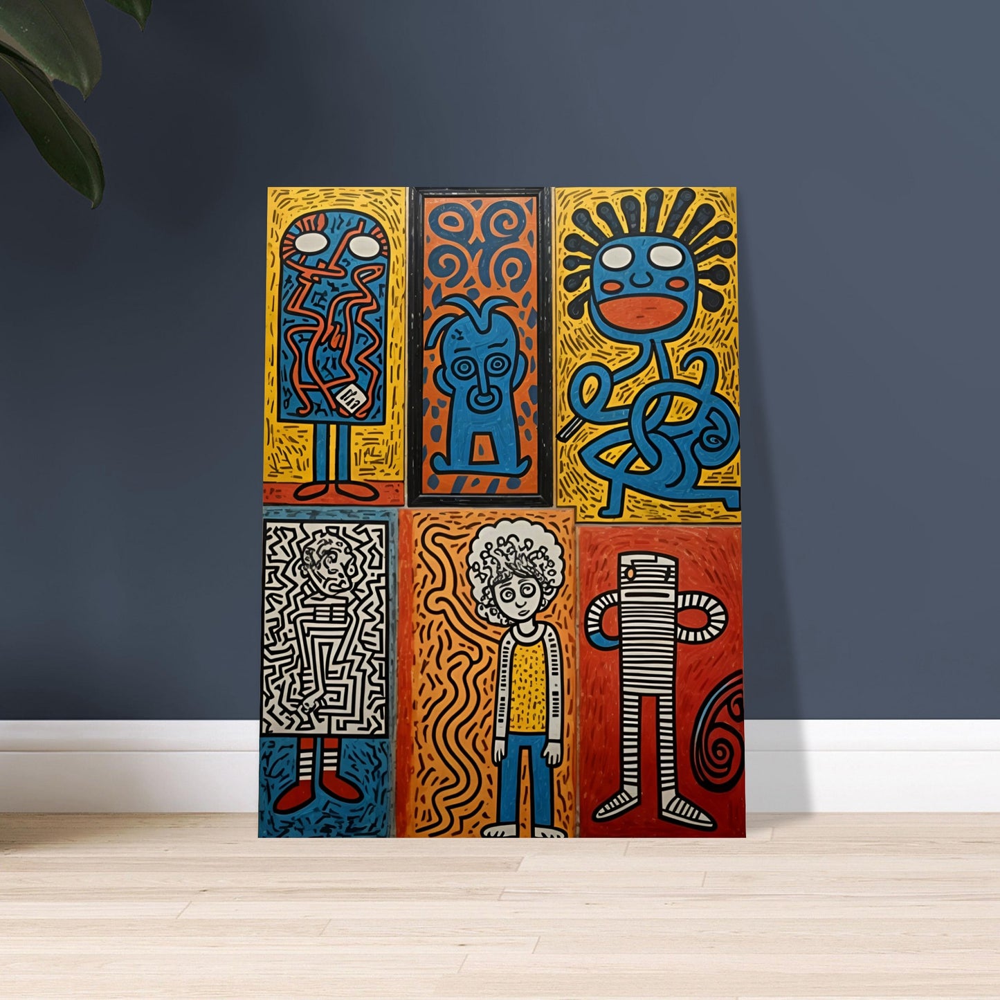 A bold and colorful artwork featuring six unique abstract faces in a pop-art style, with vibrant blues, reds, yellows, and intricate patterns.