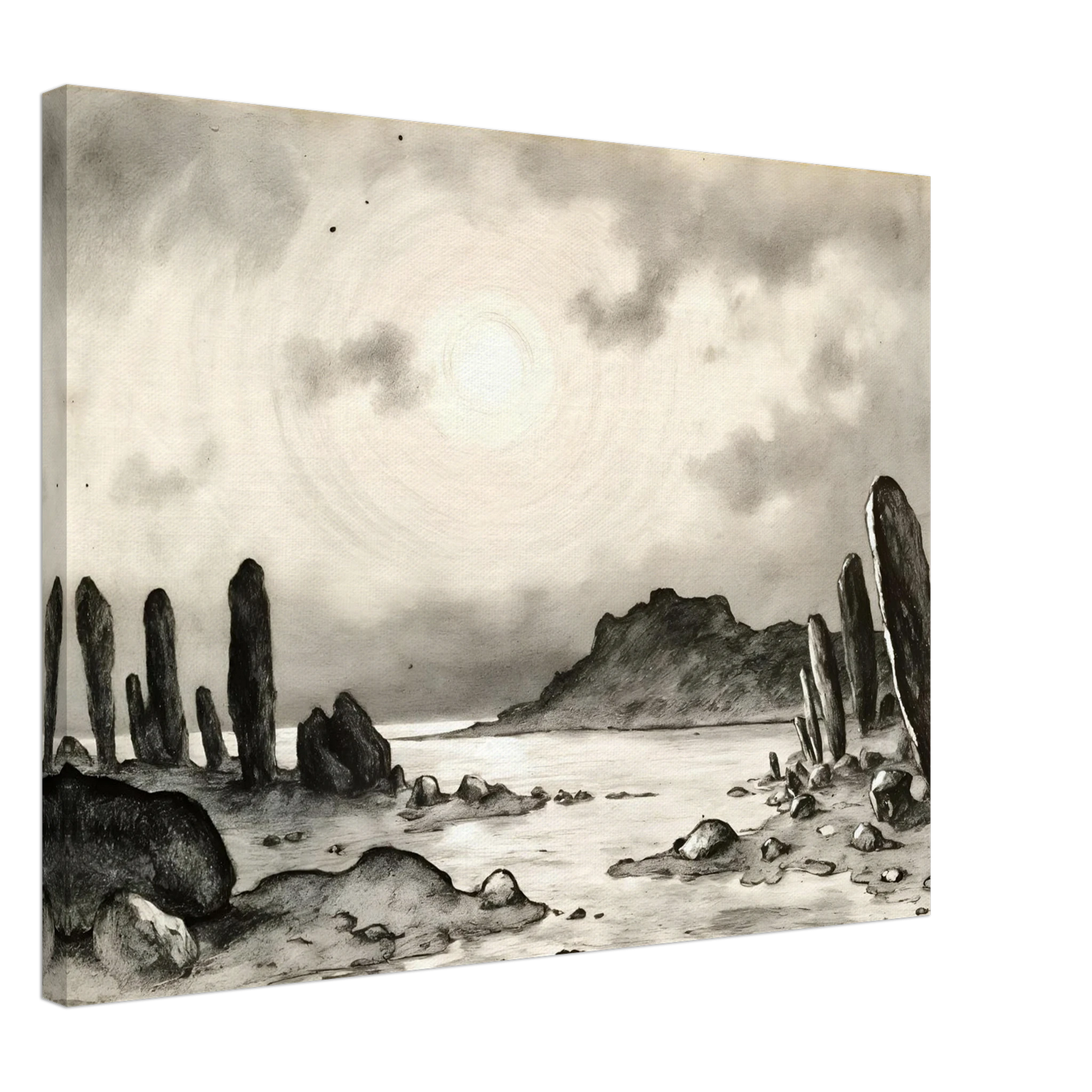 Monochrome dreamscape of towering stone formations beside a tranquil shore beneath a glowing celestial sky, evoking mystery and timeless solitude.