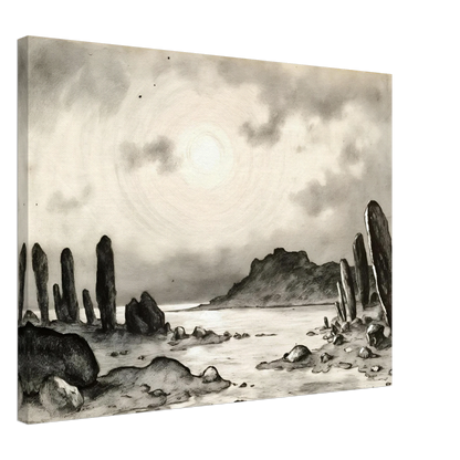 Monochrome dreamscape of towering stone formations beside a tranquil shore beneath a glowing celestial sky, evoking mystery and timeless solitude.