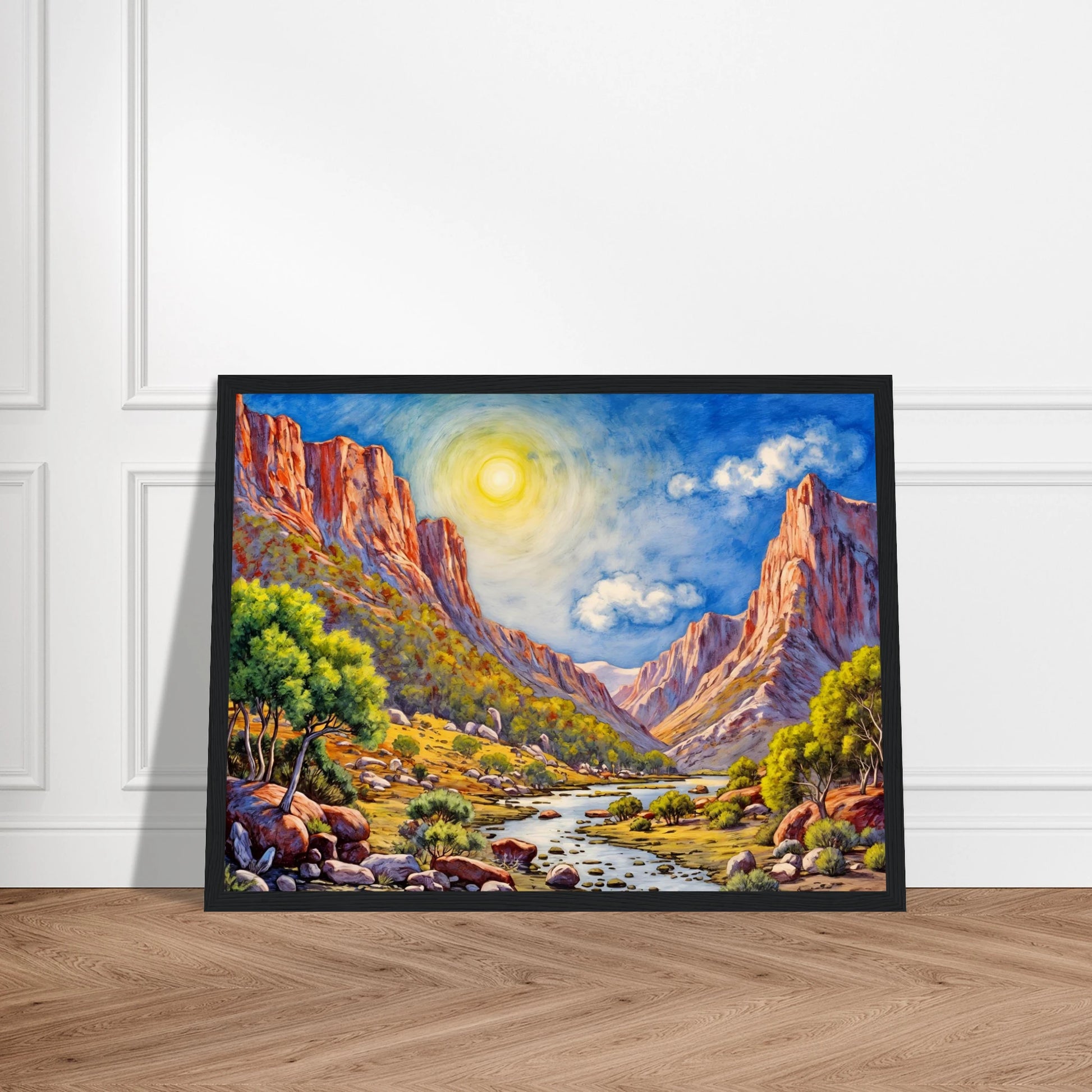 Bright desert canyon landscape with towering sunlit cliffs, winding river, vivid blue sky, and glowing golden valley under radiant sunlight.