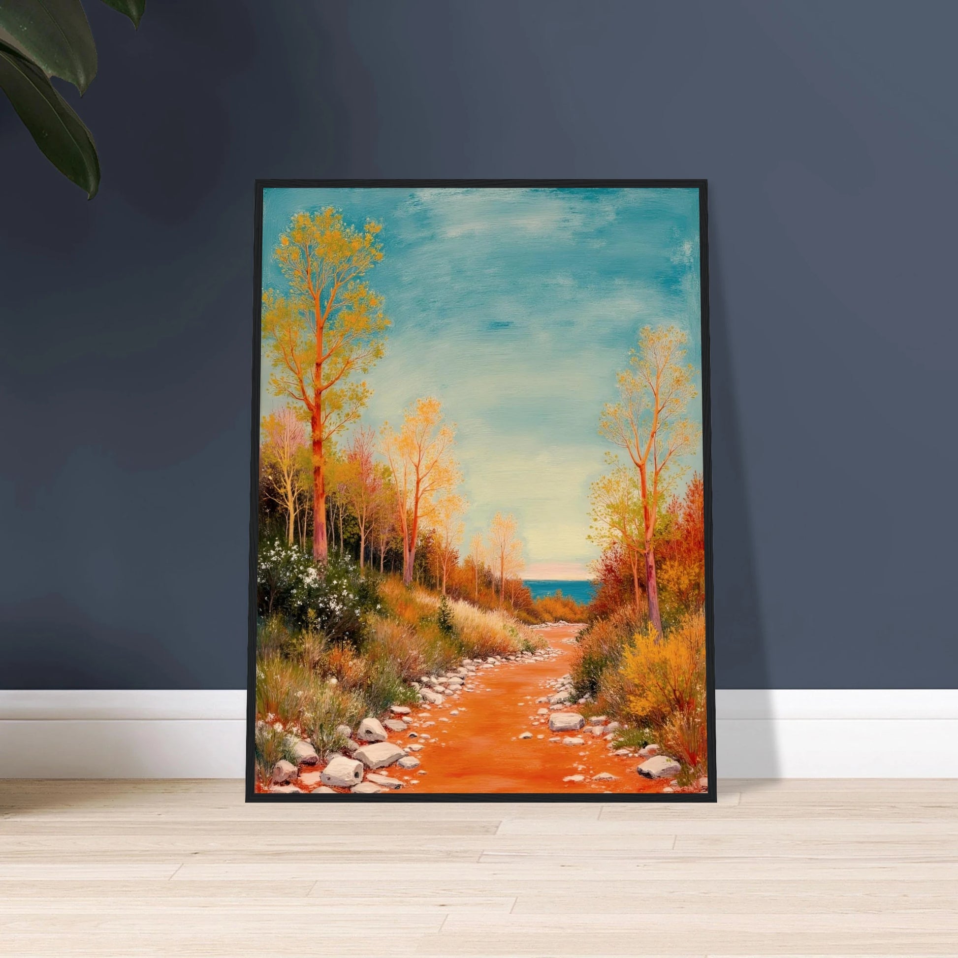 A vivid autumn trail lined with golden trees leads to a calm blue horizon, blending warmth, peace, and gentle adventure.