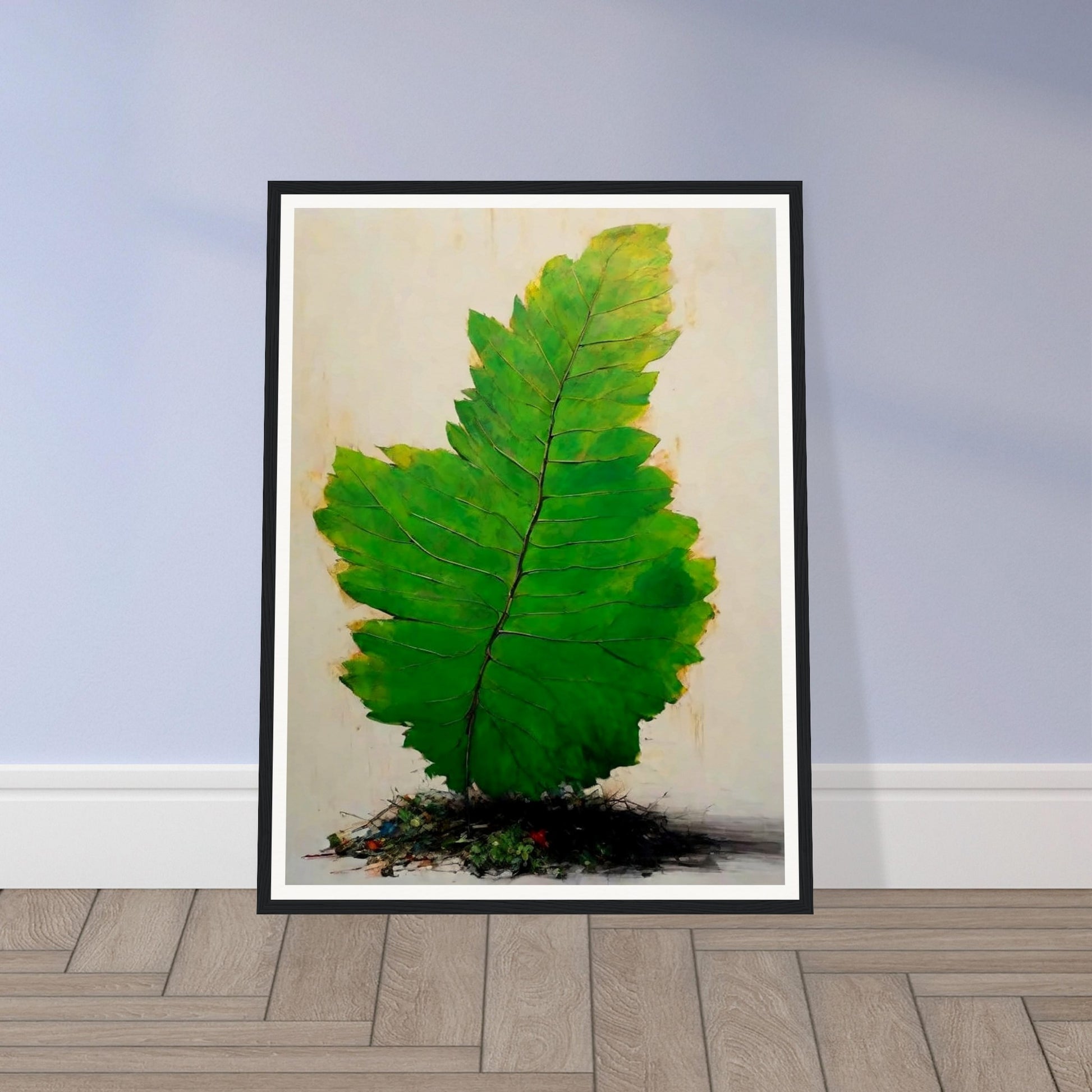 A large, vivid green leaf standing upright against a light background, with intricate veins and subtle texture, emerging from a small mound of organic debris.