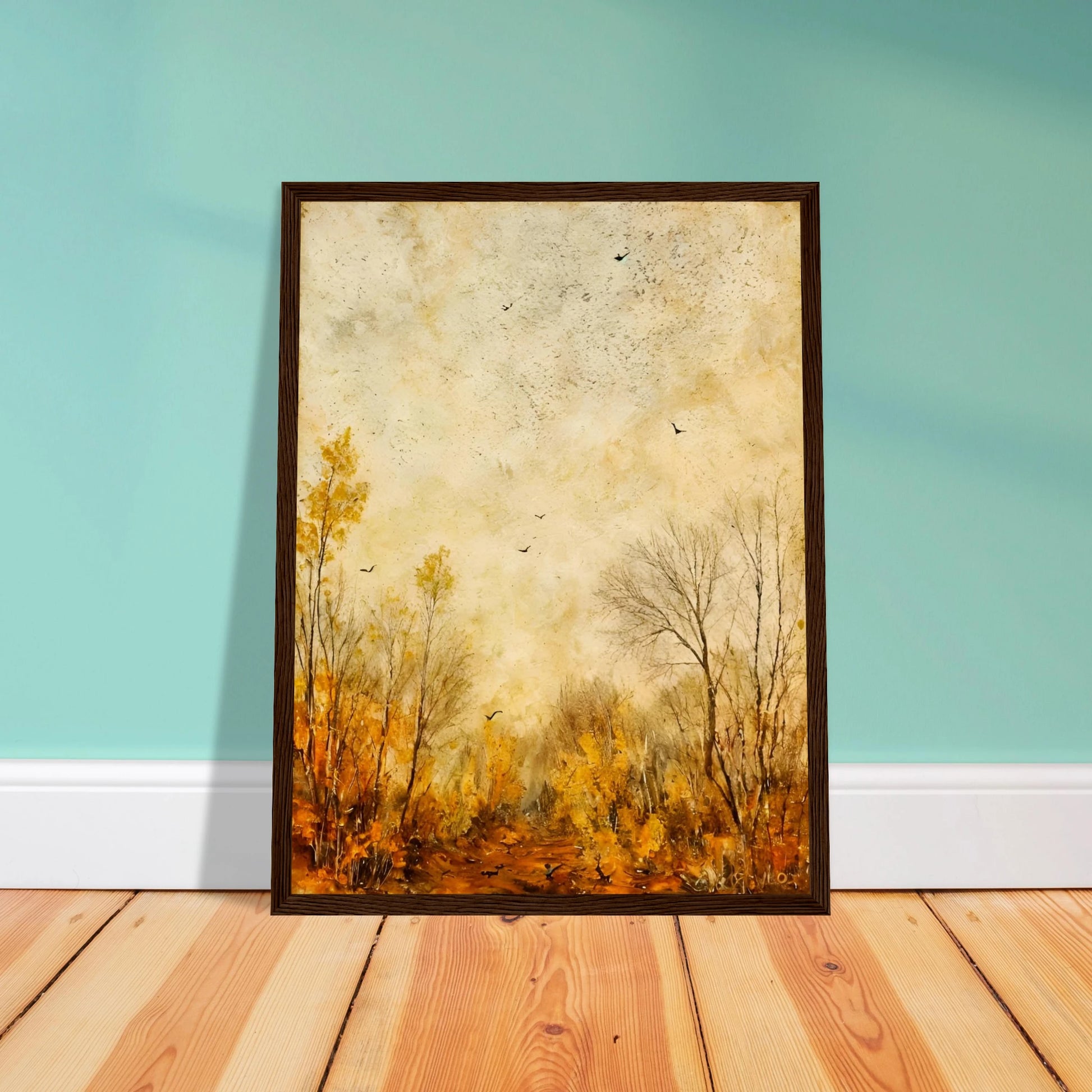 Muted fall forest with golden foliage and bare trees under a textured sky, scattered with birds in quiet flight.
