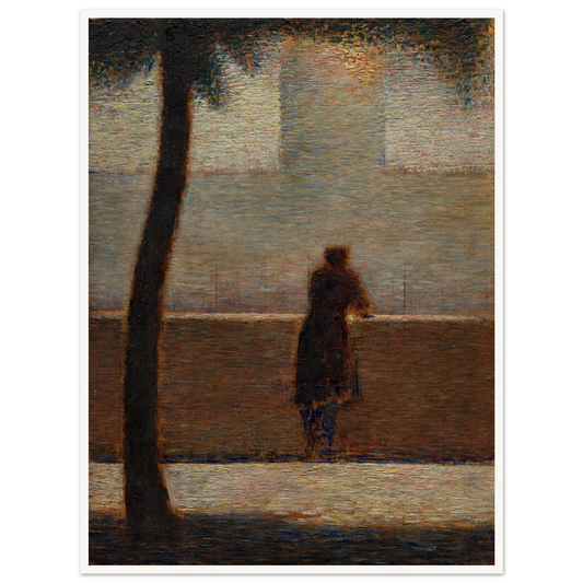 Man leans on a parapet beside a dark tree in a muted, pointillist outdoor scene