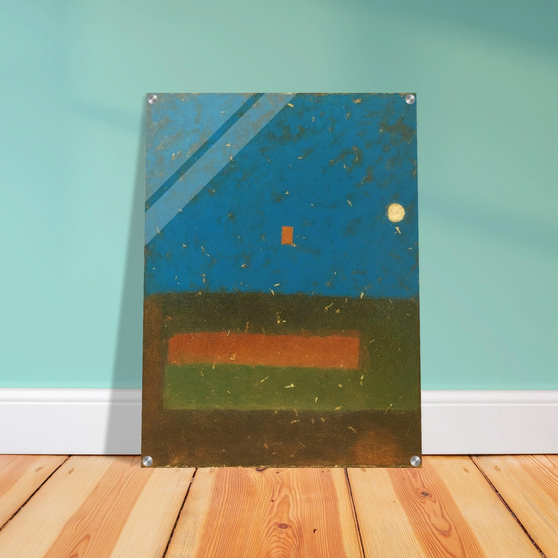 An abstract painting featuring a deep blue textured sky with a glowing moon, a red square, and earthy green and brown horizontal fields.