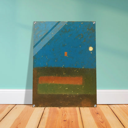 An abstract painting featuring a deep blue textured sky with a glowing moon, a red square, and earthy green and brown horizontal fields.