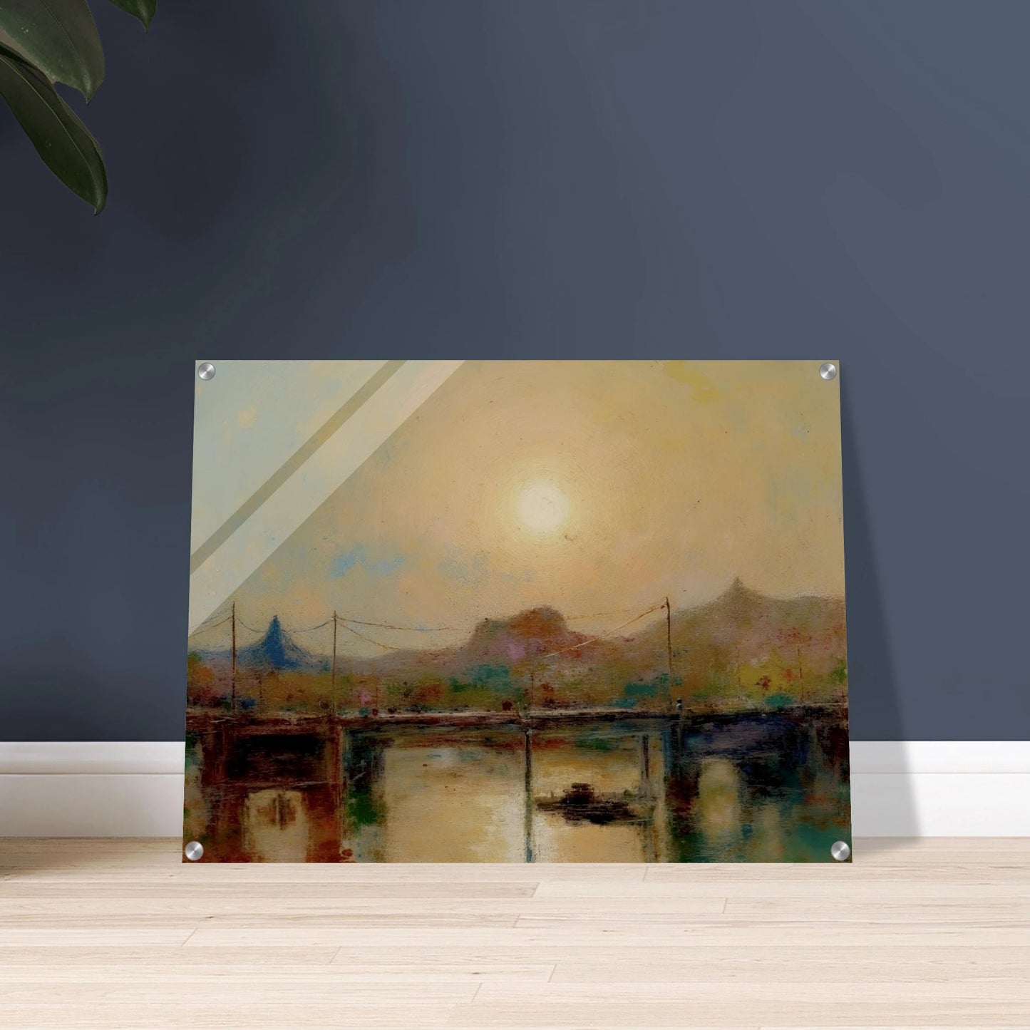 Hazy sunrise over a quiet bridge and river, with distant hills and muted pastel tones reflecting on the water.