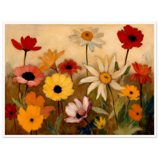 White daisies, red poppies, and golden flowers bloom across a warm meadow scene.