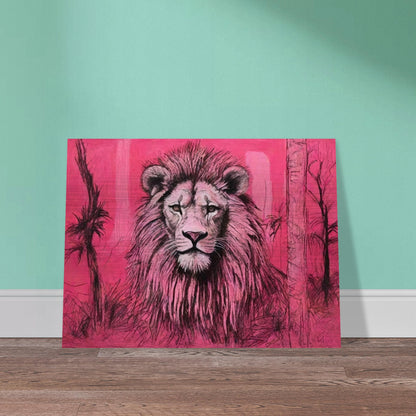 A striking painting of a lion with a majestic mane set against a vivid pink background, capturing the animal's regal presence.