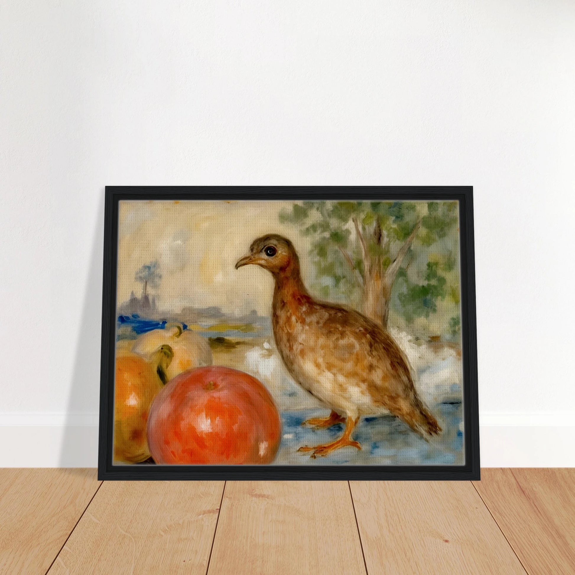 A brown bird stands beside ripe apples in a soft countryside setting, blending still life with gentle pastoral charm.