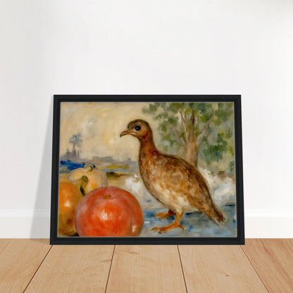A brown bird stands beside ripe apples in a soft countryside setting, blending still life with gentle pastoral charm.