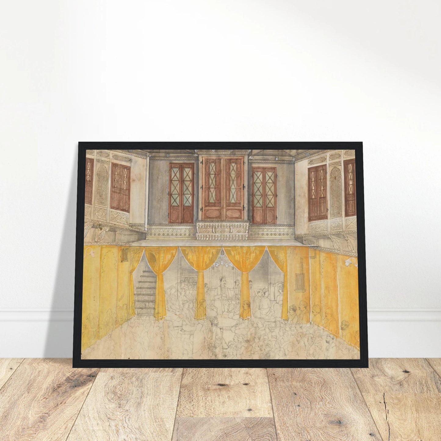 A crowded school gathering fills an ornate Indian courtyard with carved balconies and warm yellow walls.