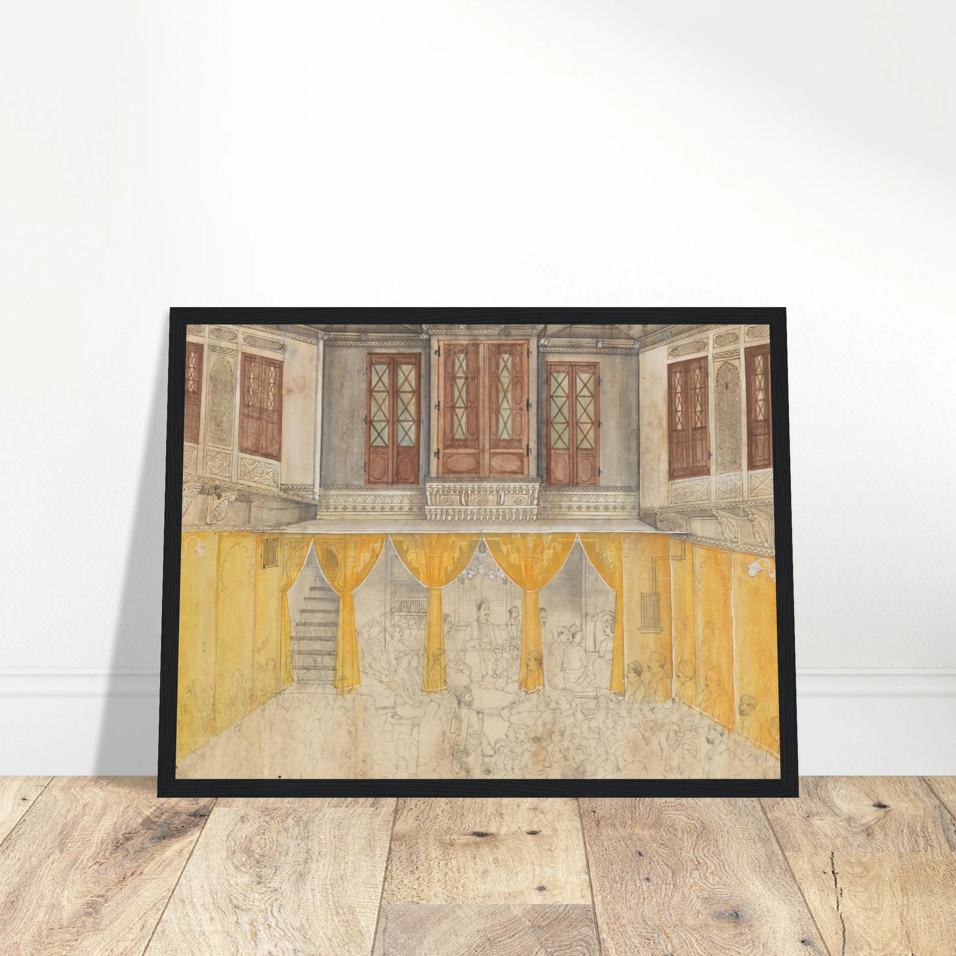 A crowded school gathering fills an ornate Indian courtyard with carved balconies and warm yellow walls.
