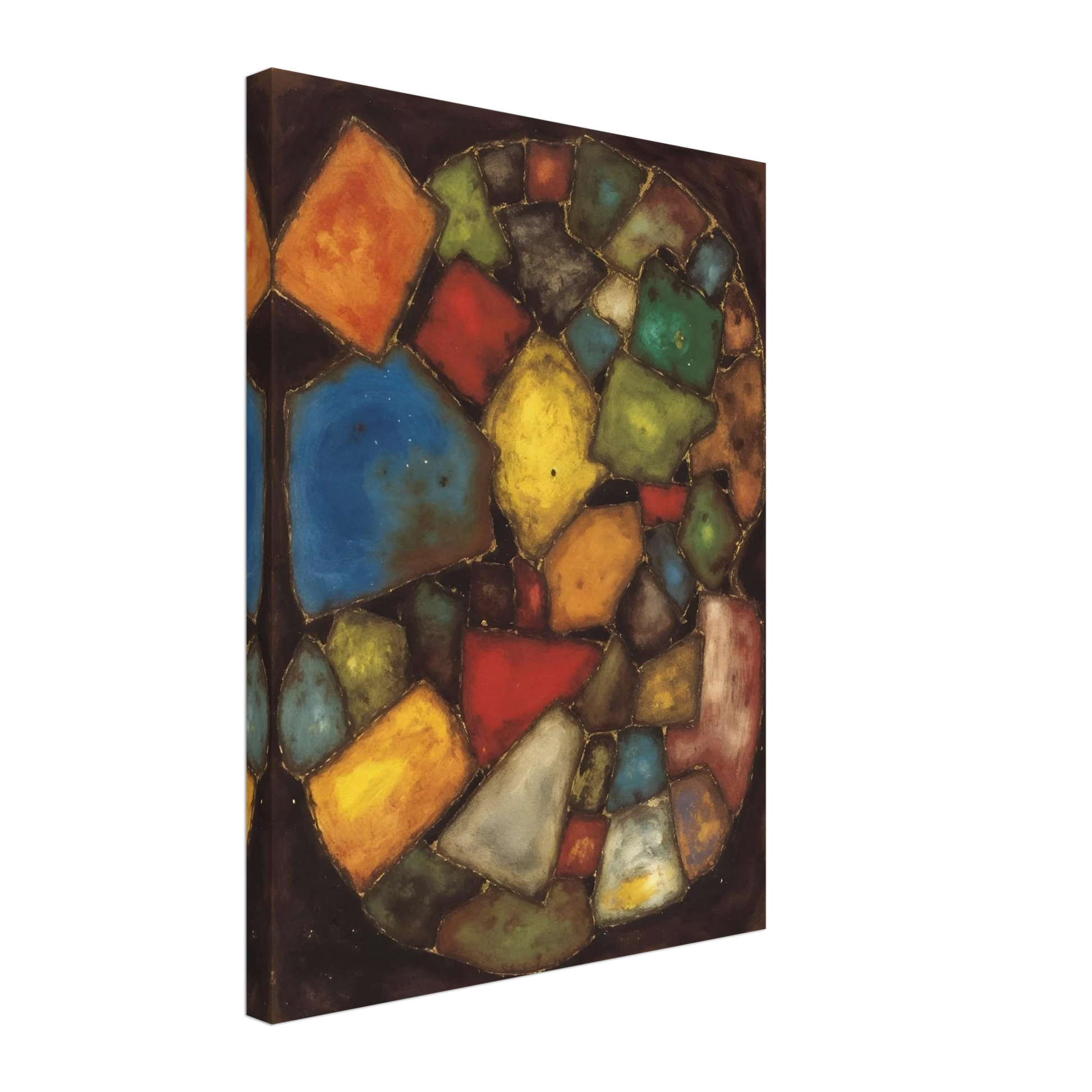 An abstract painting composed of colorful geometric shapes resembling polished stones or stained-glass fragments arranged within an oval composition against a dark background.