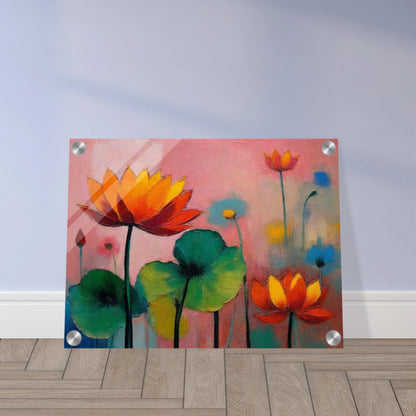Colorful painting of blooming lotus flowers with vivid orange, red, and green hues against a soft pink and blue background.