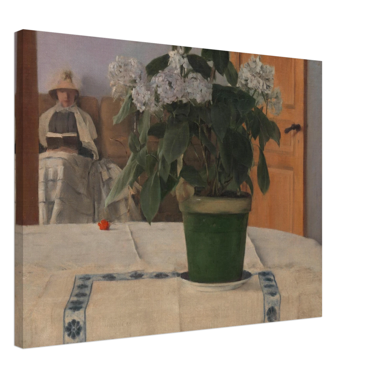 A potted hydrangea dominates a quiet interior as a bonneted woman reads in the softly lit background.