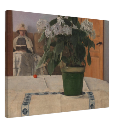 A potted hydrangea dominates a quiet interior as a bonneted woman reads in the softly lit background.
