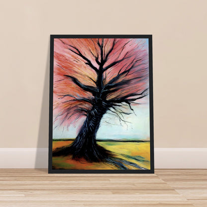 A captivating painting of a twisted tree with dark branches and vibrant pink and orange leaves, set against a serene countryside.