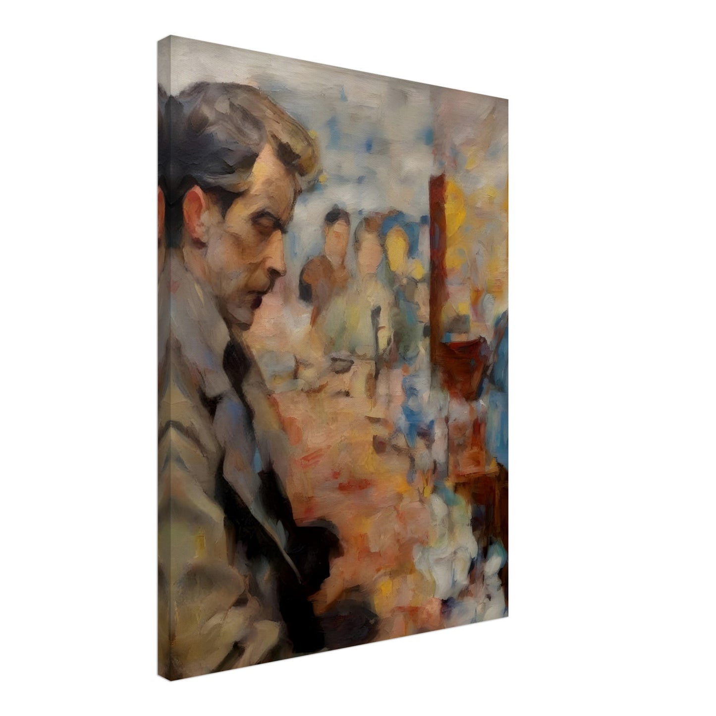 A moody impressionist painting of a man in deep thought, his face partially shadowed, with blurred figures and warm, hazy tones creating an atmospheric scene.