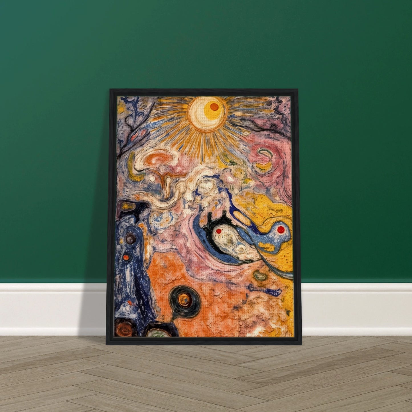 An abstract cosmic-inspired painting featuring a radiant sunburst at the top, swirling organic forms, flowing textures, and vibrant hues of gold, pink, blue, cream, and black that evoke a dreamlike universe in motion.