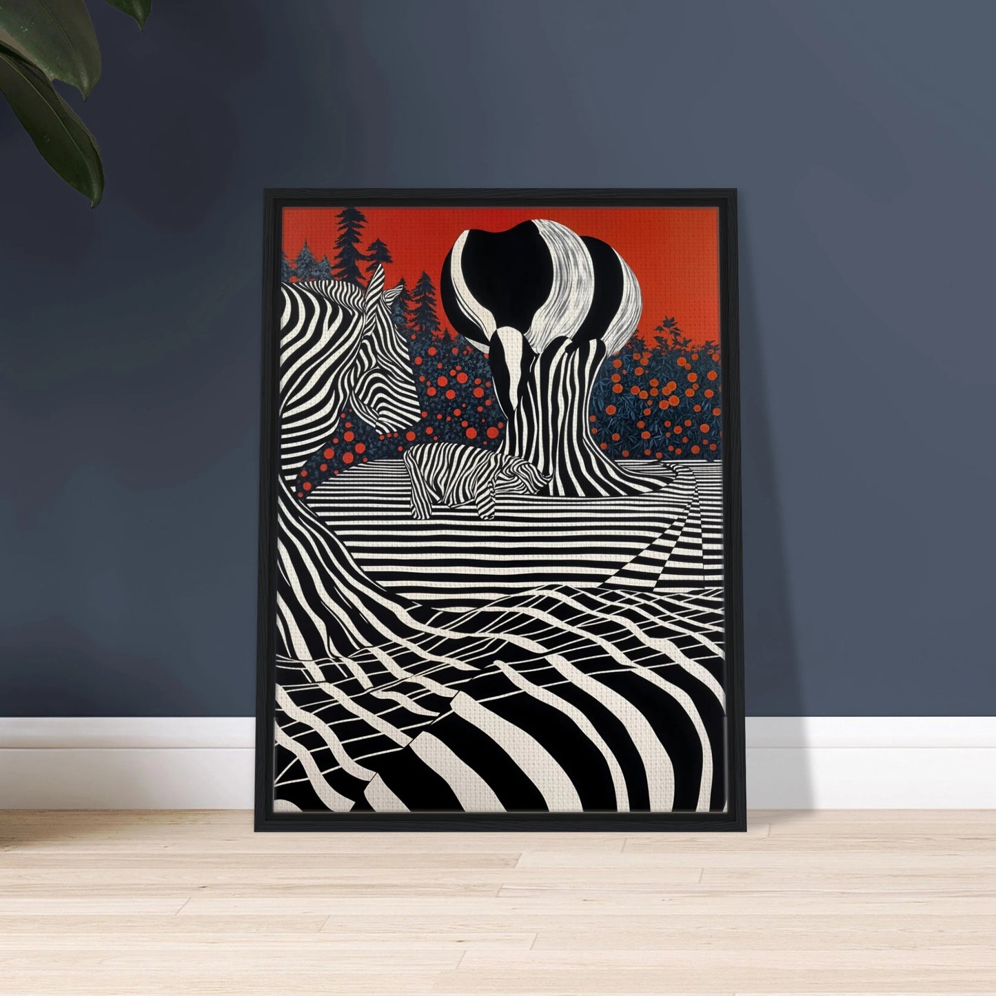 Stylized zebras and trees blend into black-and-white stripes against a deep red sky, merging nature with bold graphic art.