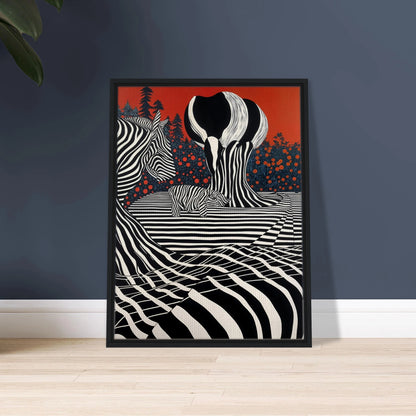 Stylized zebras and trees blend into black-and-white stripes against a deep red sky, merging nature with bold graphic art.