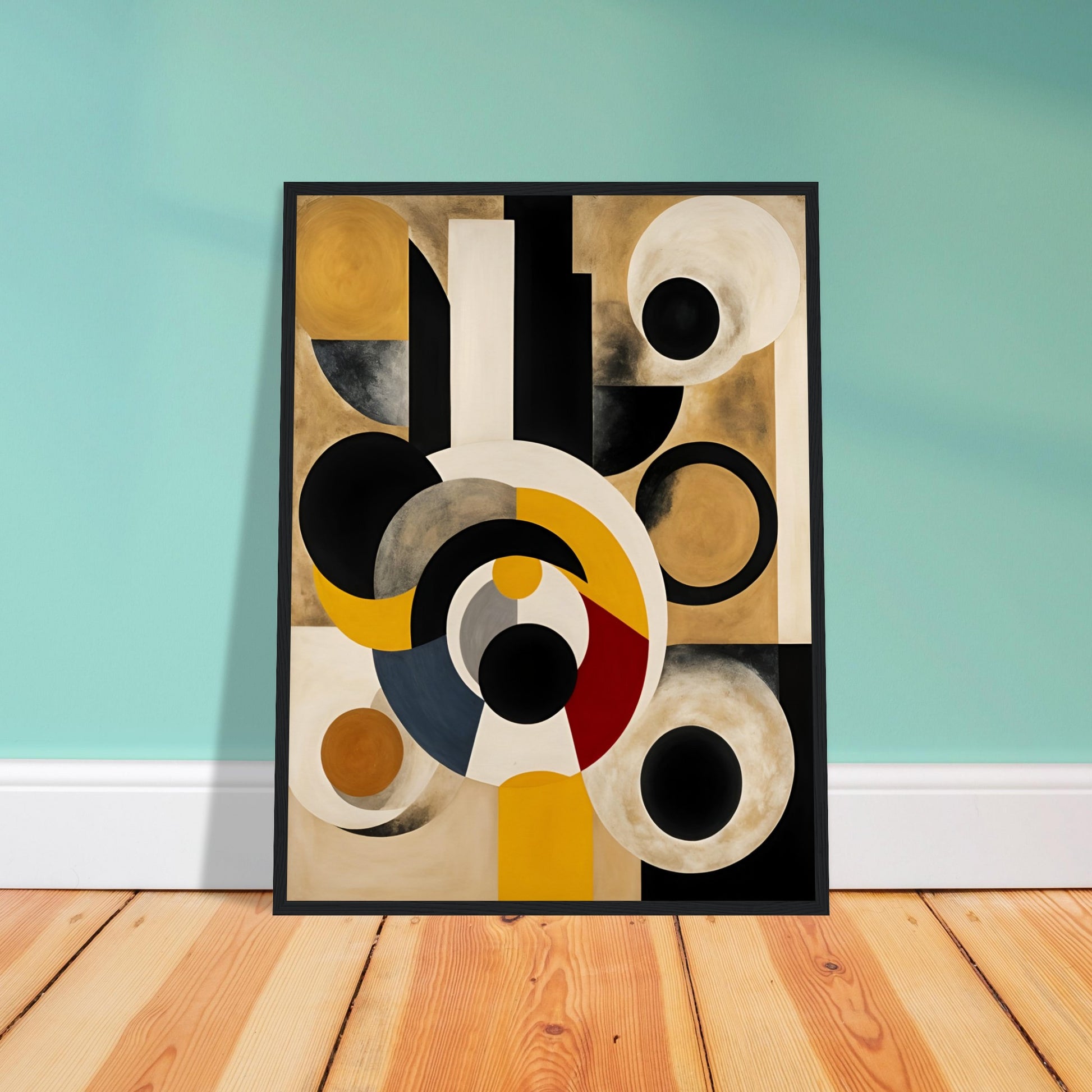 A striking geometric painting featuring bold circular and rectangular shapes in black, gold, white, and red, evoking celestial motion.