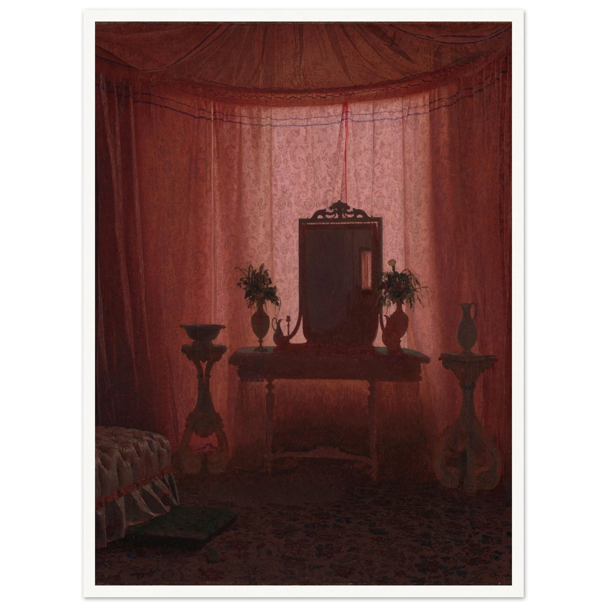A softly lit bedroom glows through pink drapery, framing a mirror, flower vases, elegant furniture, and part of a bed.
