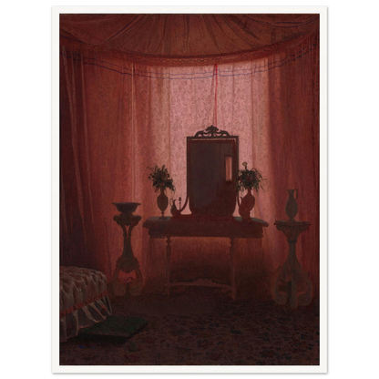 A softly lit bedroom glows through pink drapery, framing a mirror, flower vases, elegant furniture, and part of a bed.