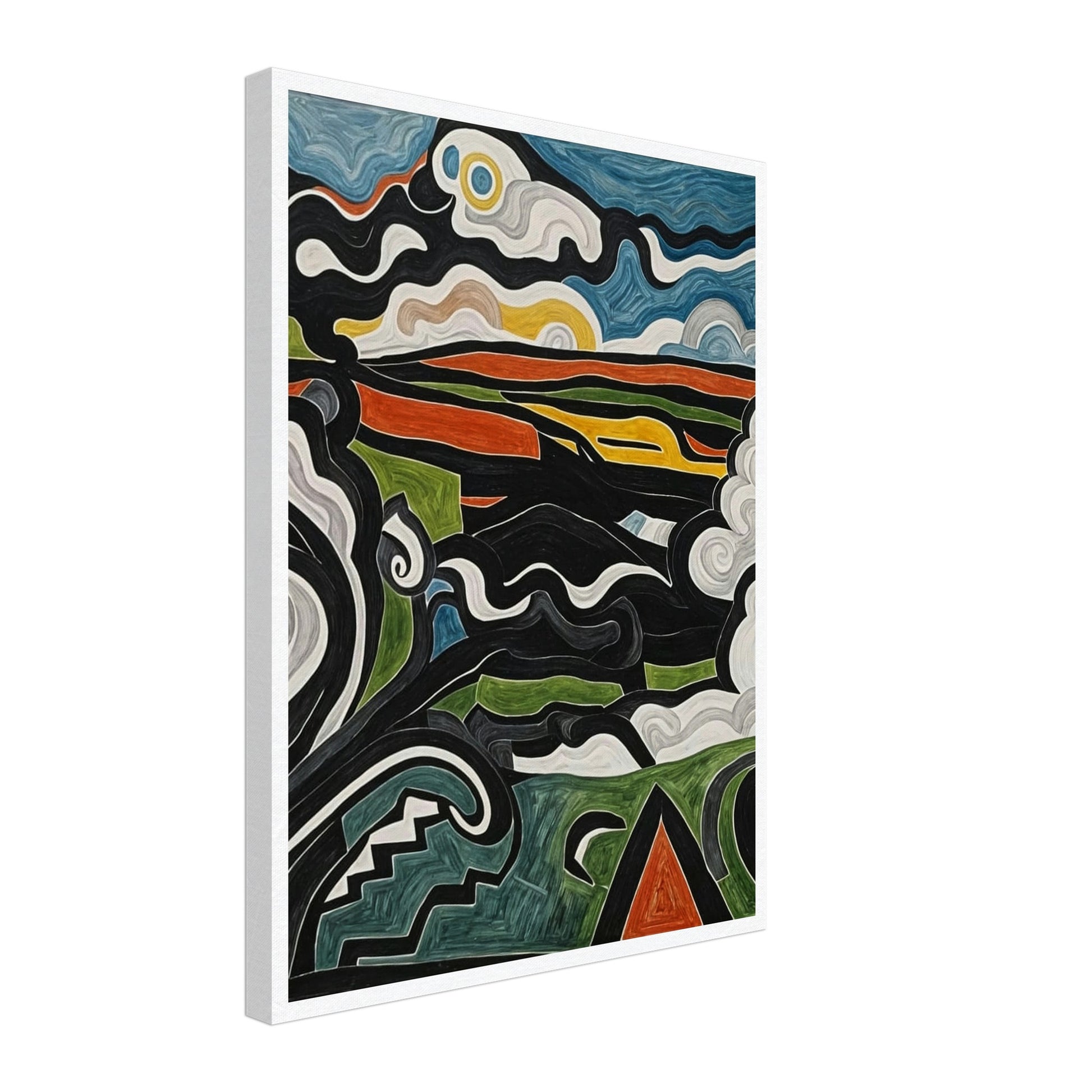 An abstract painting featuring swirling shapes and vibrant colors depicting a dynamic and imaginative landscape.