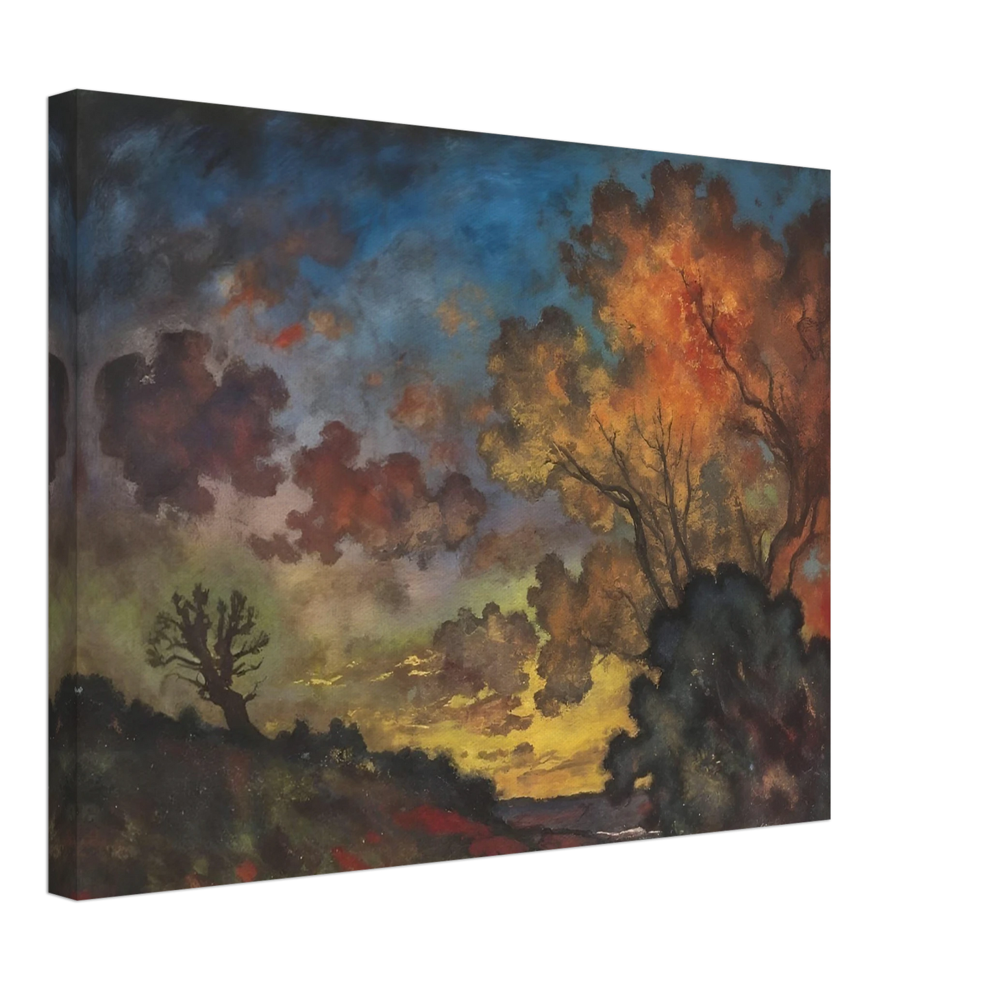 Fiery autumn trees glow beneath a deep blue sky as dark clouds drift across a fading landscape.
