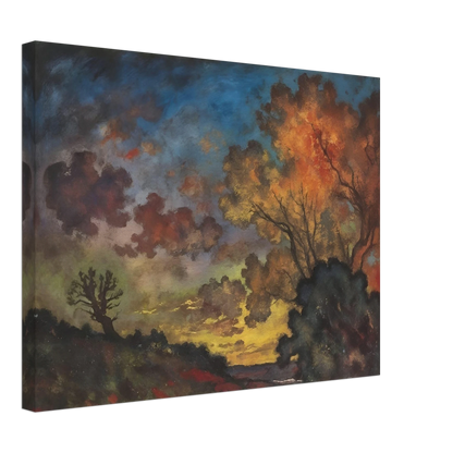 Fiery autumn trees glow beneath a deep blue sky as dark clouds drift across a fading landscape.