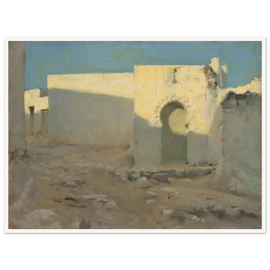 Sunlit white Moorish buildings with an arched doorway under a clear blue sky