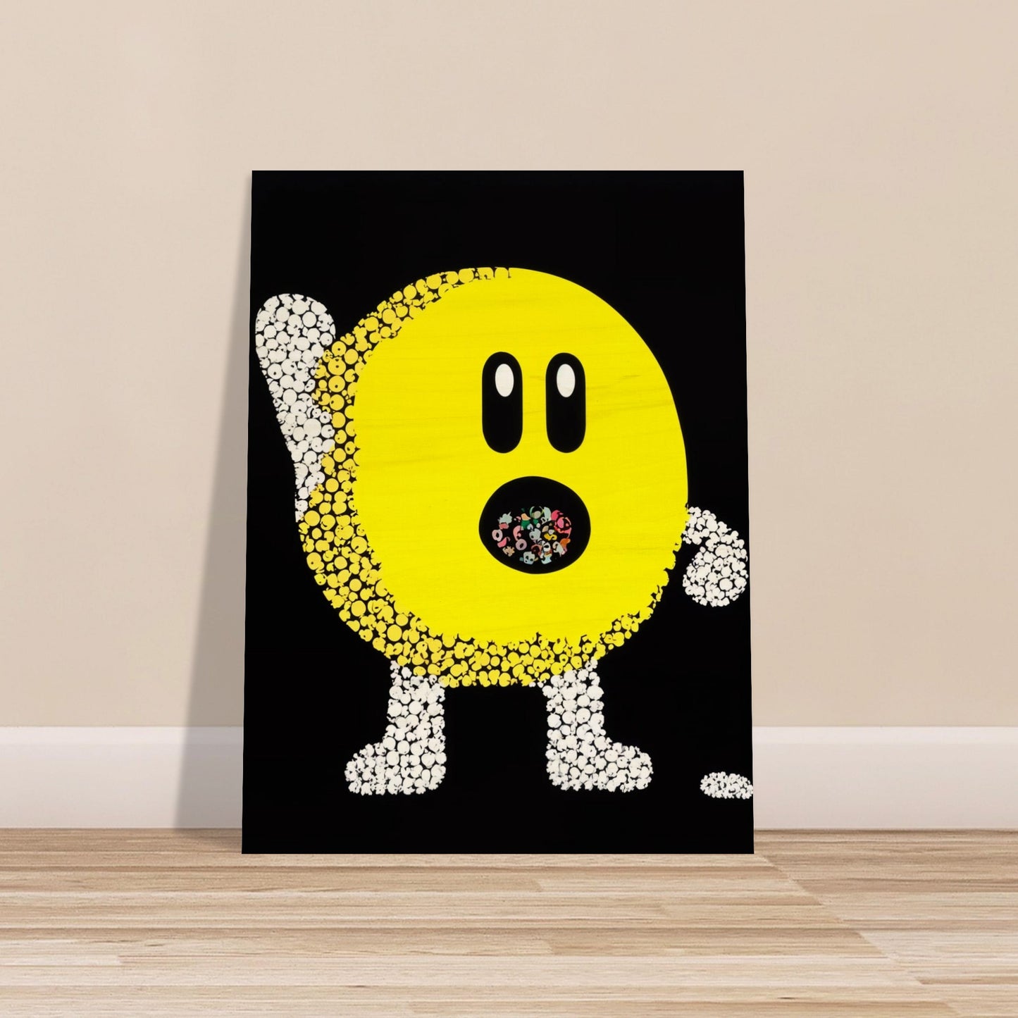 A playful pop-art depiction of a yellow circular figure made up of small white and yellow dots, with an open mouth filled with colorful shapes on a black background.