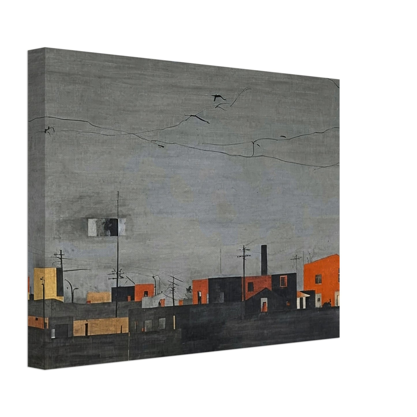 A muted, minimalist townscape with orange and black buildings under a gray sky. Birds are flying overhead, adding a sense of quiet desolation.