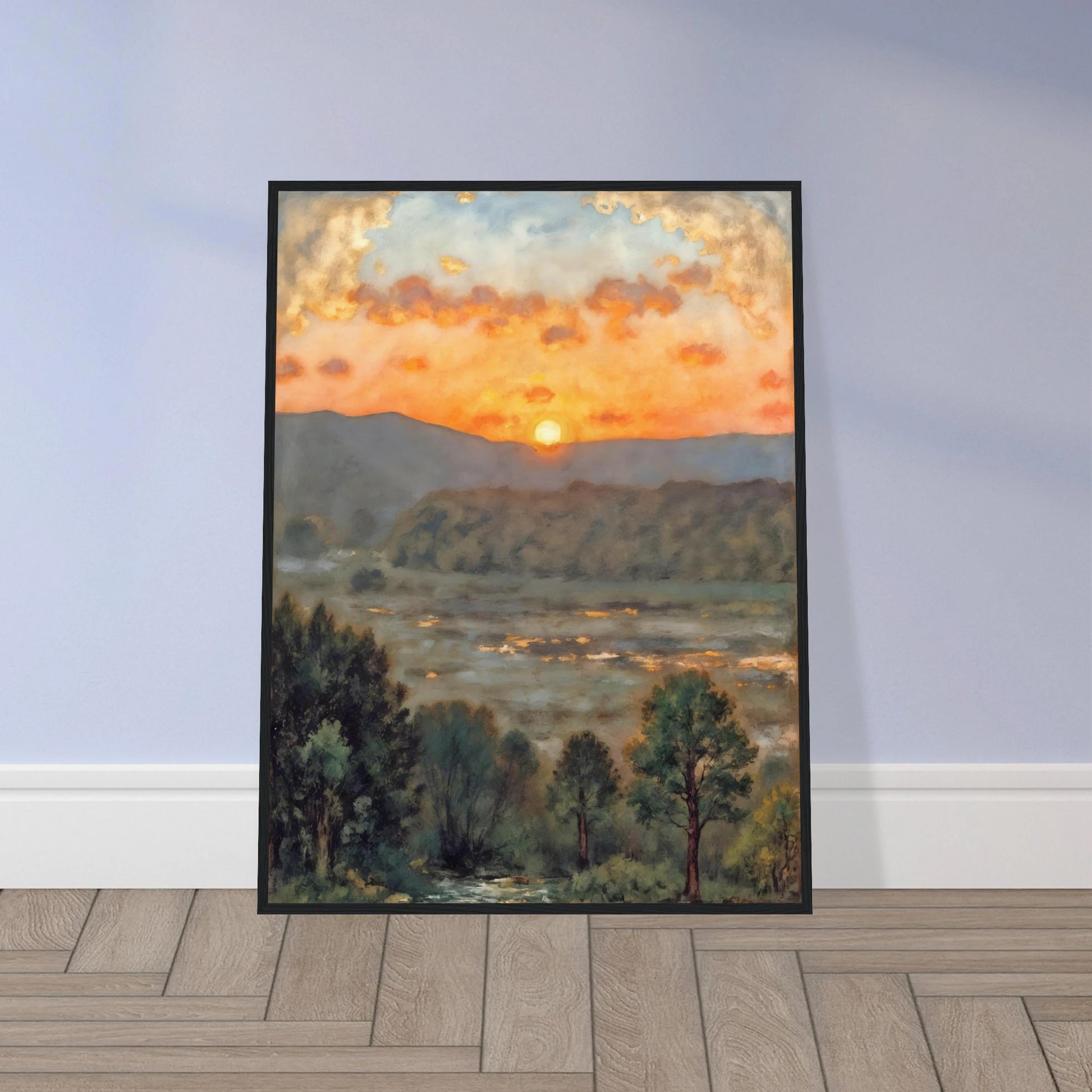 A glowing sunset over misty hills and a river valley, where the sky burns in orange light above soft green trees.