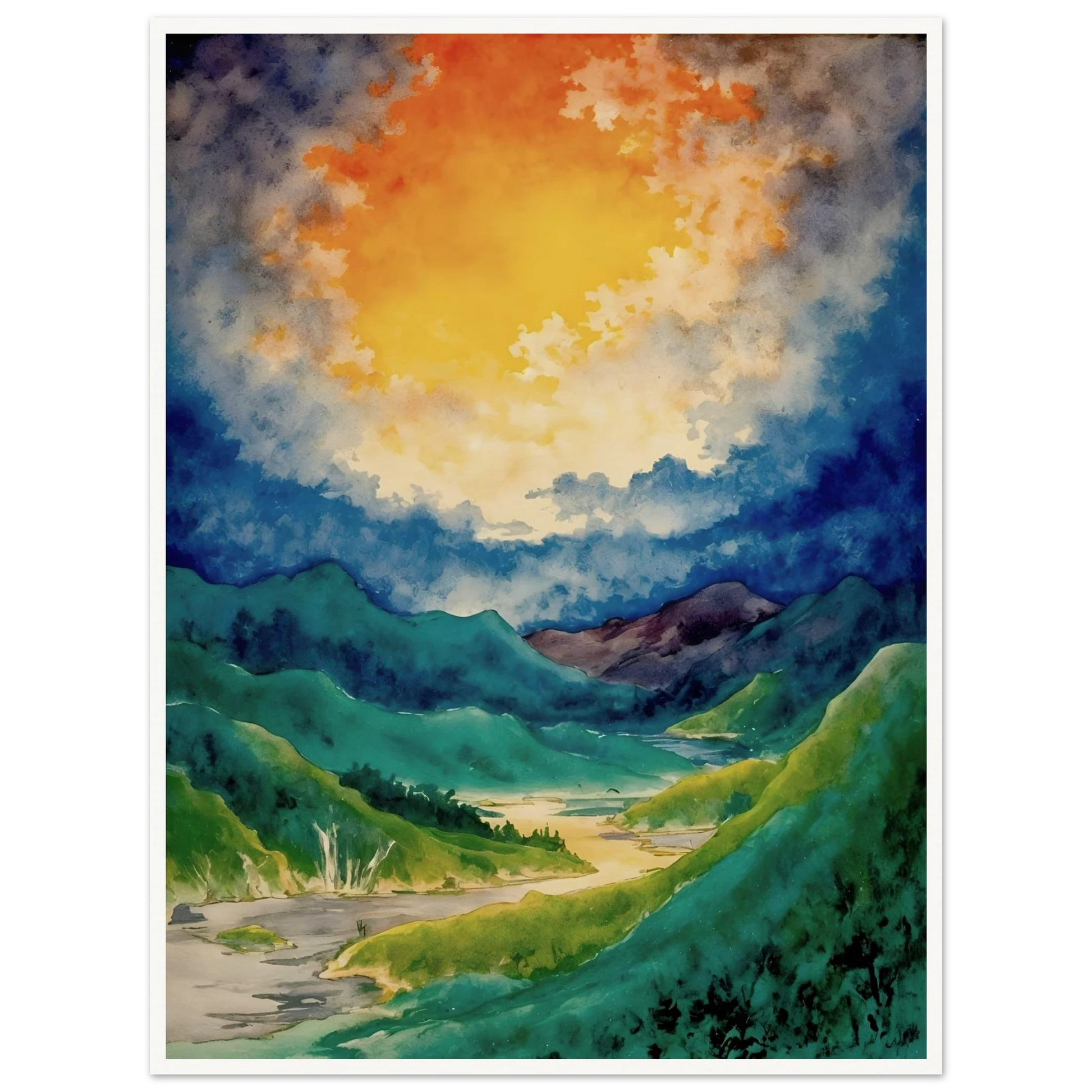A vibrant watercolor landscape featuring rolling green mountains, a winding river valley, and a dramatic golden glow breaking through deep blue clouds overhead.