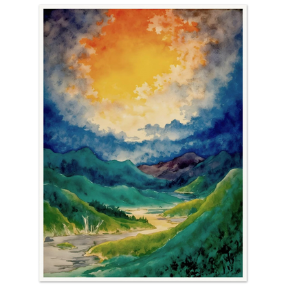 A vibrant watercolor landscape featuring rolling green mountains, a winding river valley, and a dramatic golden glow breaking through deep blue clouds overhead.