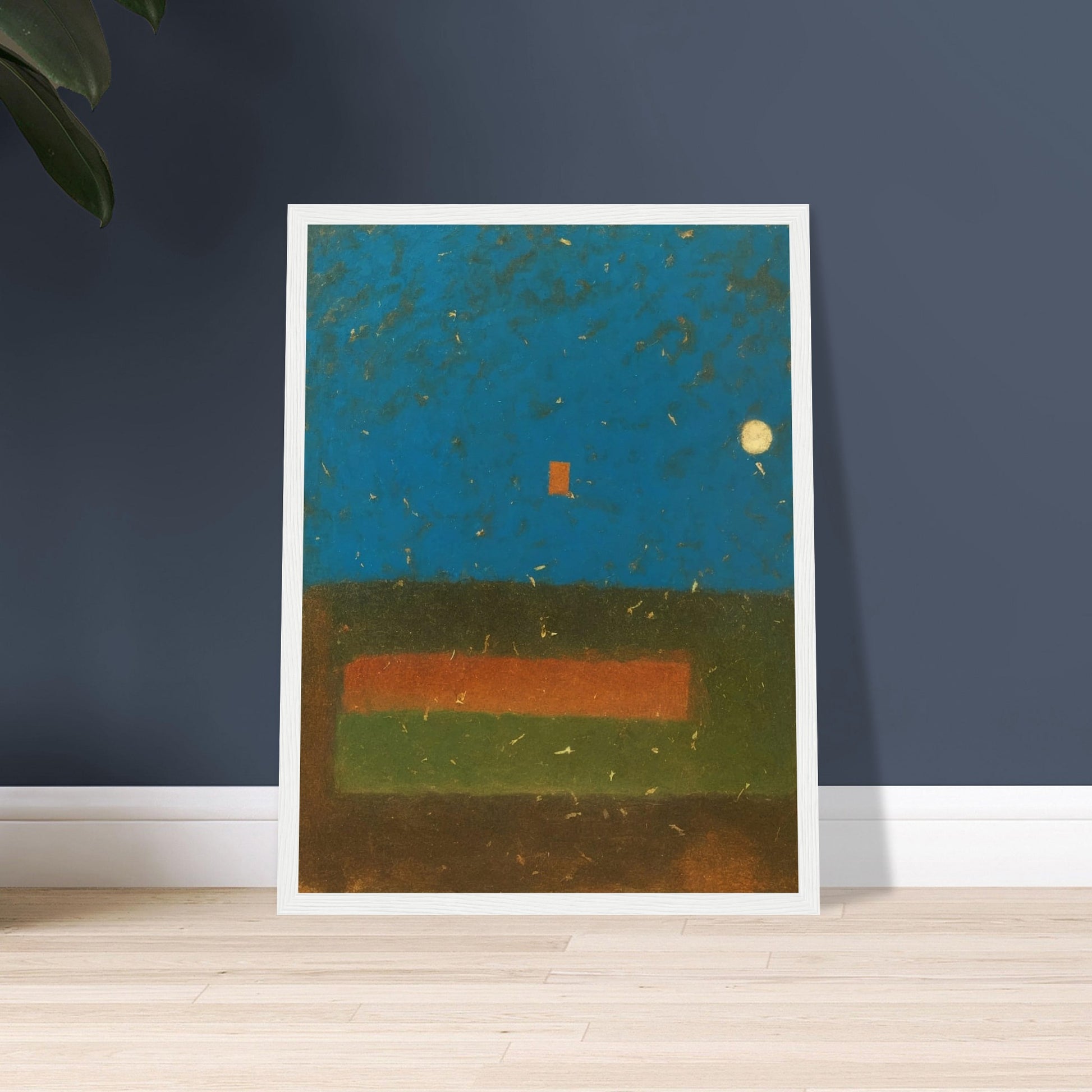 An abstract painting featuring a deep blue textured sky with a glowing moon, a red square, and earthy green and brown horizontal fields.