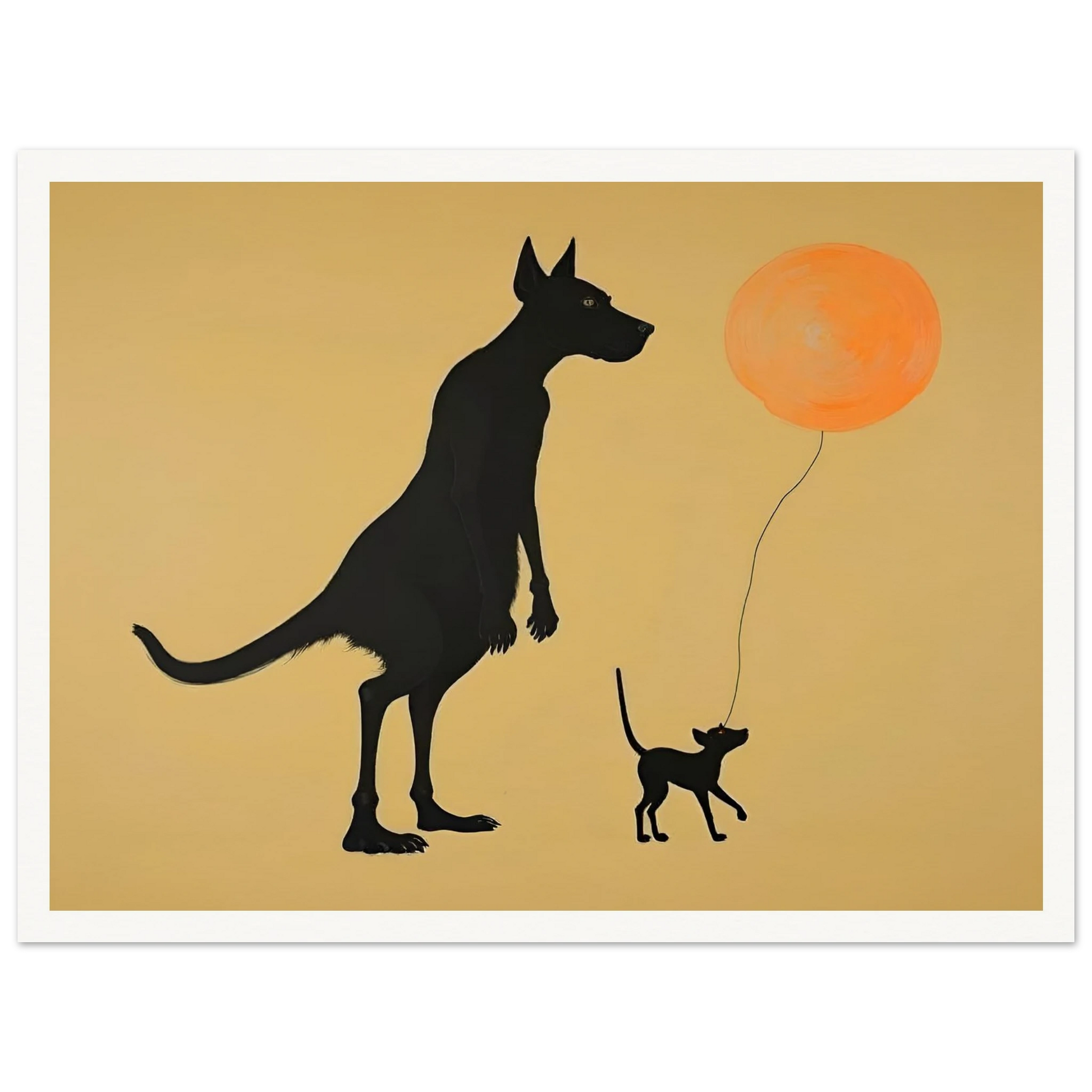 Two silhouetted dogs stand under a soft tan sky, one holding an orange balloon, capturing a playful moment of friendship.