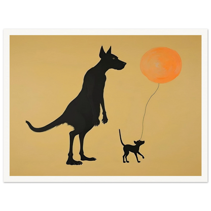 Two silhouetted dogs stand under a soft tan sky, one holding an orange balloon, capturing a playful moment of friendship.