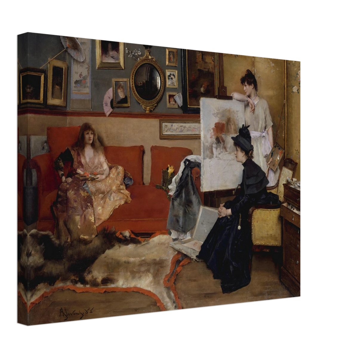 Three women gather in an artist’s studio with an easel, red sofa, framed pictures, and scattered art materials.